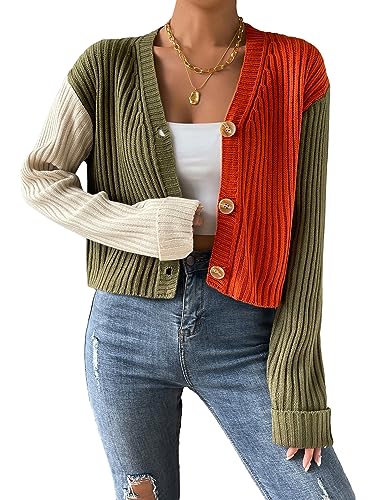 WDIRARA Women's Long Sleeve Button Front V Neck Casual Crop
